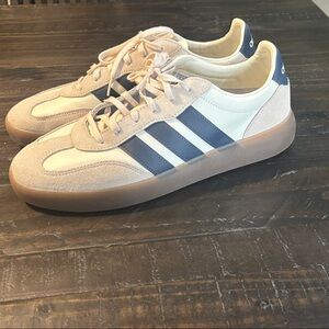 Adidas Beige and Navy Suede-Trim Sneakers. Never been worn.